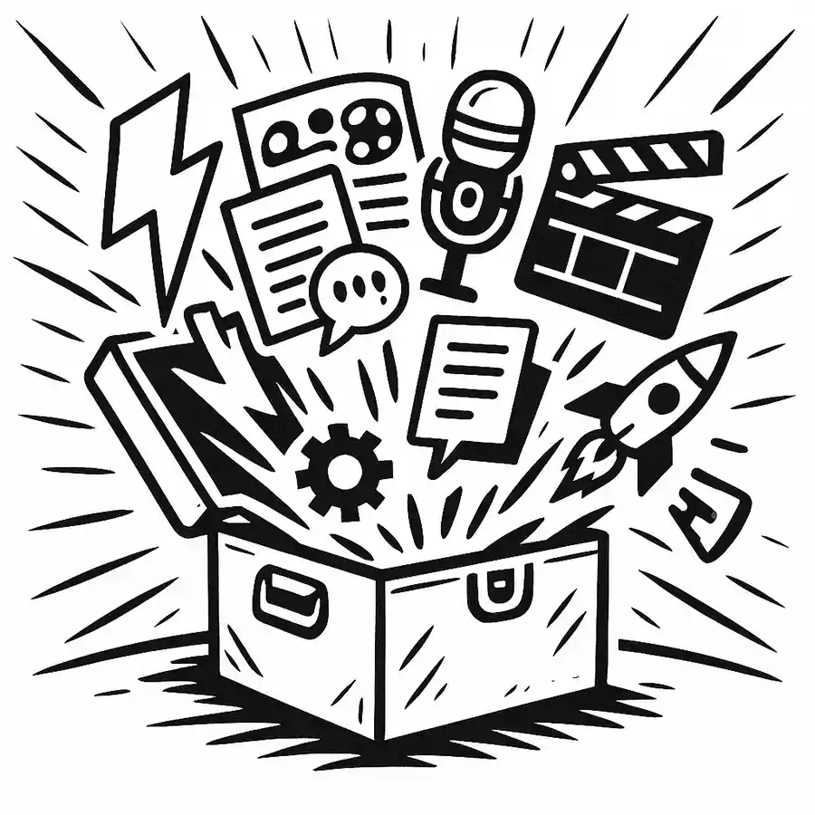 Production Toolkit Preview — Comic Roast Show assets bursting out of the box