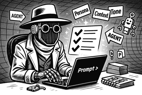 Open laptop showing Prompt, floating checklist above keyboard, cheat sheets on the desk