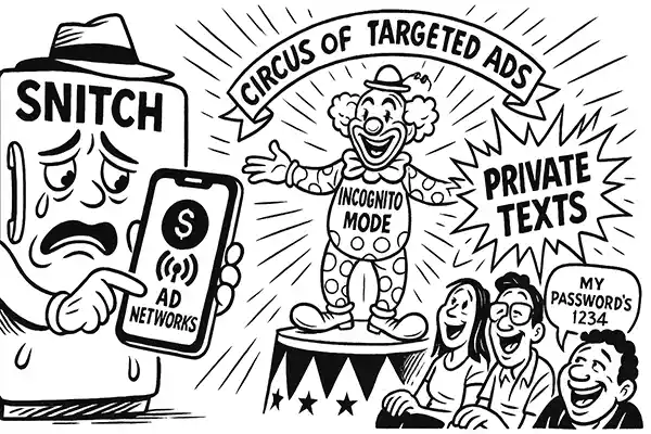 AI’s Ruthless Roast parody of smart devices leaking data and incognito mode as a circus clown