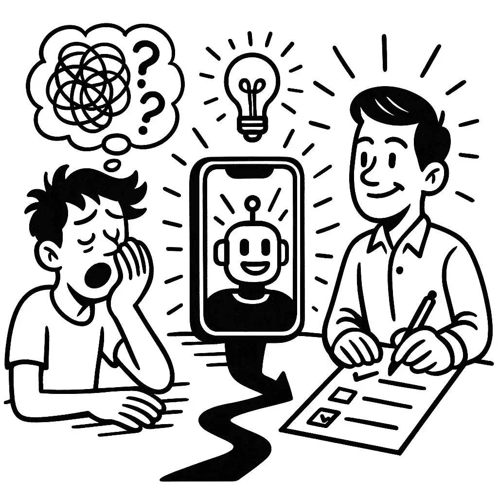 Sleepy man, phone mentor bot, checklist - idea light connects them