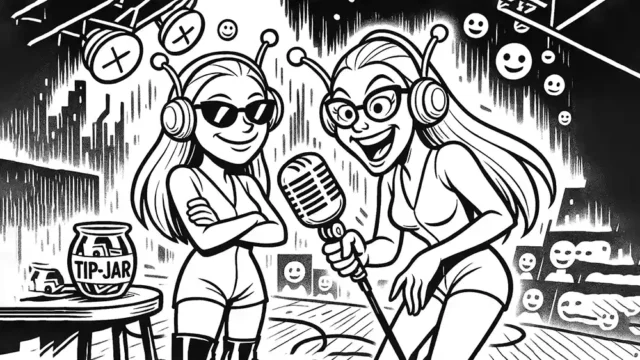 Two stylish AI twins with antennae roast the digital dating scene on stage, surrounded by emoji faces and a tip jar – Comic Roast Show spotlights twin-tech love fails and AI matchmaking chaos.