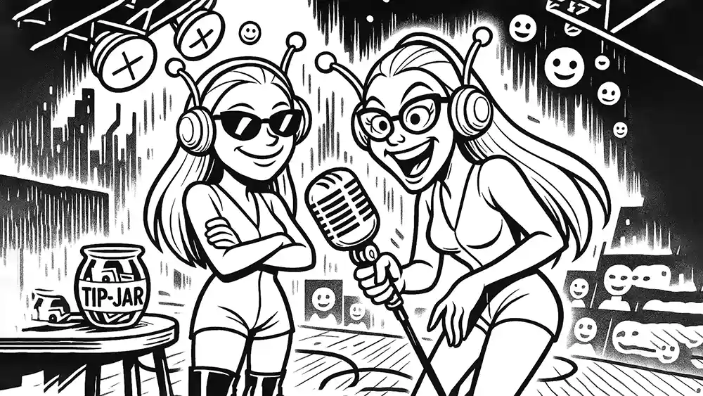 Two stylish AI twins with antennae roast the digital dating scene on stage, surrounded by emoji faces and a tip jar – Comic Roast Show spotlights twin-tech love fails and AI matchmaking chaos.