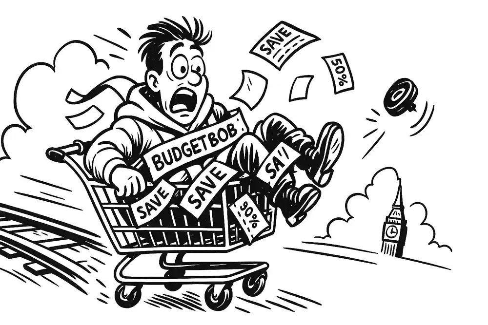 Black-and-white line art of BudgetBob tangled in discount coupons as his shopping cart derails on the tracks, illustrating a Helpdesk Stream budget hack gone wrong.