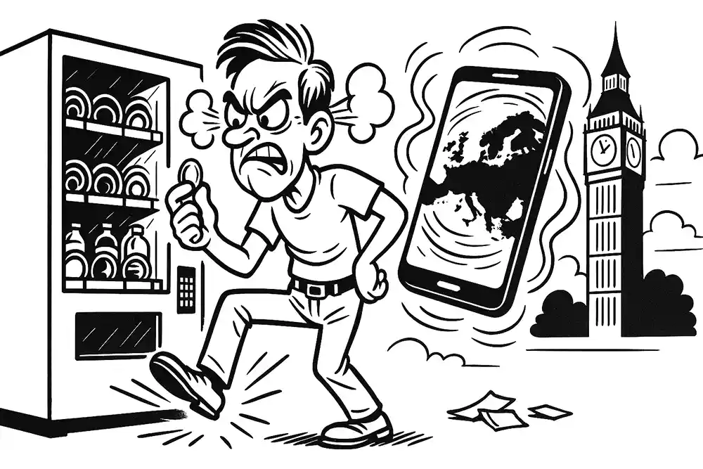 Furious man tries to outsmart a vending machine, clutching a coin as steam blows from his ears; his phone shows Europe and Big Ben – Helpdesk Stream’s travel hack meltdown.
