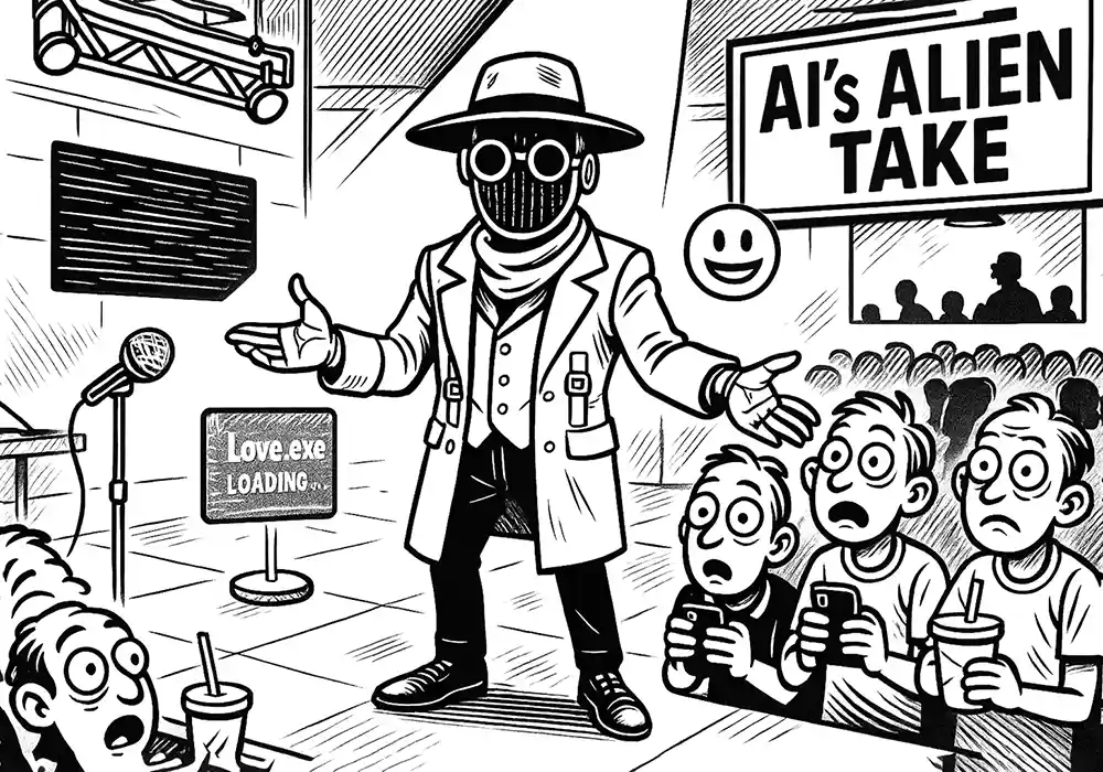 Masked AI comic roasts a shocked audience on stage with a “Love.exe LOADING” sign and “AI’s ALIEN TAKE” banner overhead – Comic Roast Show’s cyber-satire of tech-age romance.