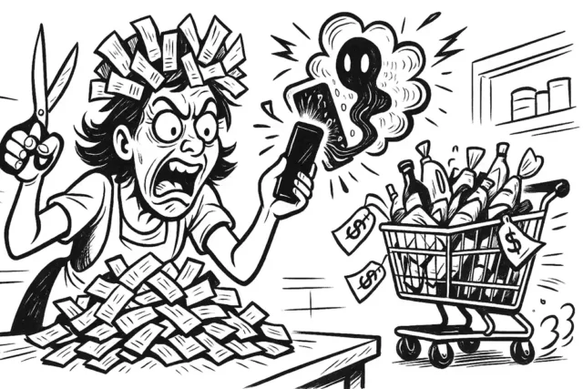 Angry woman with scissors and coupons in her hair yells at her phone, as a ghostly figure bursts from the screen and an overloaded grocery cart with price tags escapes – chaos erupts in Cloudy NoMan’s Helpdesk Stream.