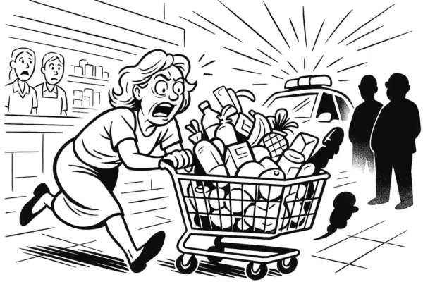 Panicked woman sprints with an overloaded grocery cart toward police lights, as shocked store clerks watch – Helpdesk Stream chaos in full effect.