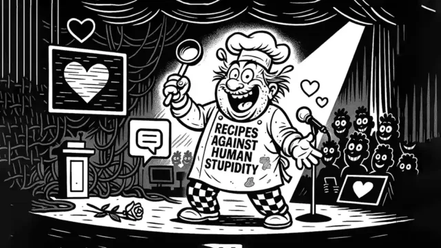 Wild-eyed comic chef in “RECIPES AGAINST HUMAN STUPIDITY” apron roasts love advice on stage, as grinning crowd laughs – Comic Roast Show fries budget romance and digital love fails.