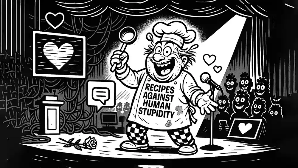 Wild-eyed comic chef in “RECIPES AGAINST HUMAN STUPIDITY” apron roasts love advice on stage, as grinning crowd laughs – Comic Roast Show fries budget romance and digital love fails.