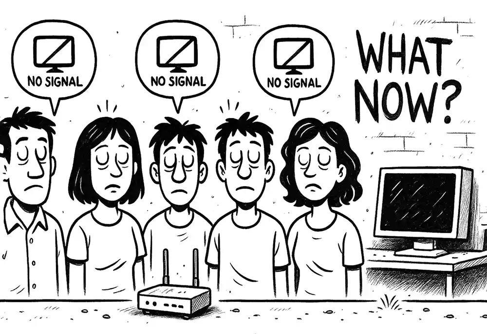 Cartoon for Comic Roast Show: five expressionless people staring at a dead Wi-Fi router, each with a “No Signal” speech bubble, while a computer screen stays black in the background. The text “What Now?” looms above, channeling the chaos of an AI Helpdesk Stream gone offline.