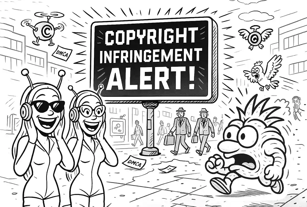 AI twin dating agents Jenna & Jilly laugh as a wild copyright alert explodes in a city, with a panicked digital mascot fleeing Comic Roast Show’s DMCA chaos.