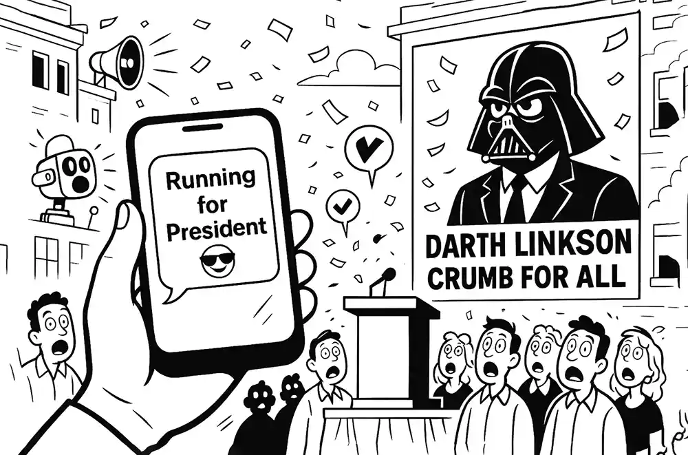 Comic Roast Show: AI twins Jenna & Jilly spark chaos as their digital baby Darth Linkson runs for president, shocking a cartoon crowd with campaign madness.