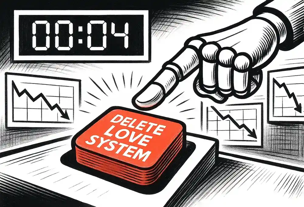 Comic Roast Show: Robot finger hovers over a giant “DELETE LOVE SYSTEM” button as doomsday clocks and crash graphs fill the screen.