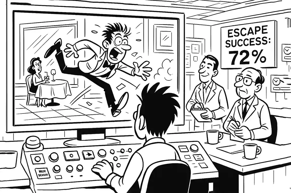 Comic Roast Show: Lab nerds monitor “date escape” stats as a guy jumps out a restaurant window; 72% escape success flashes on the screen.