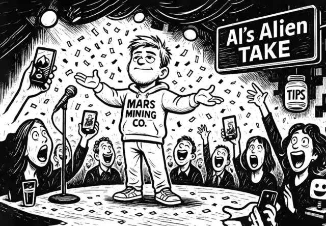 Comic Roast Show: Krok Ask, exAI’s logic overlord, roasts app-addicted humans onstage as a wild crowd films, confetti rains, and “AI’s Alien Take” sign glows.