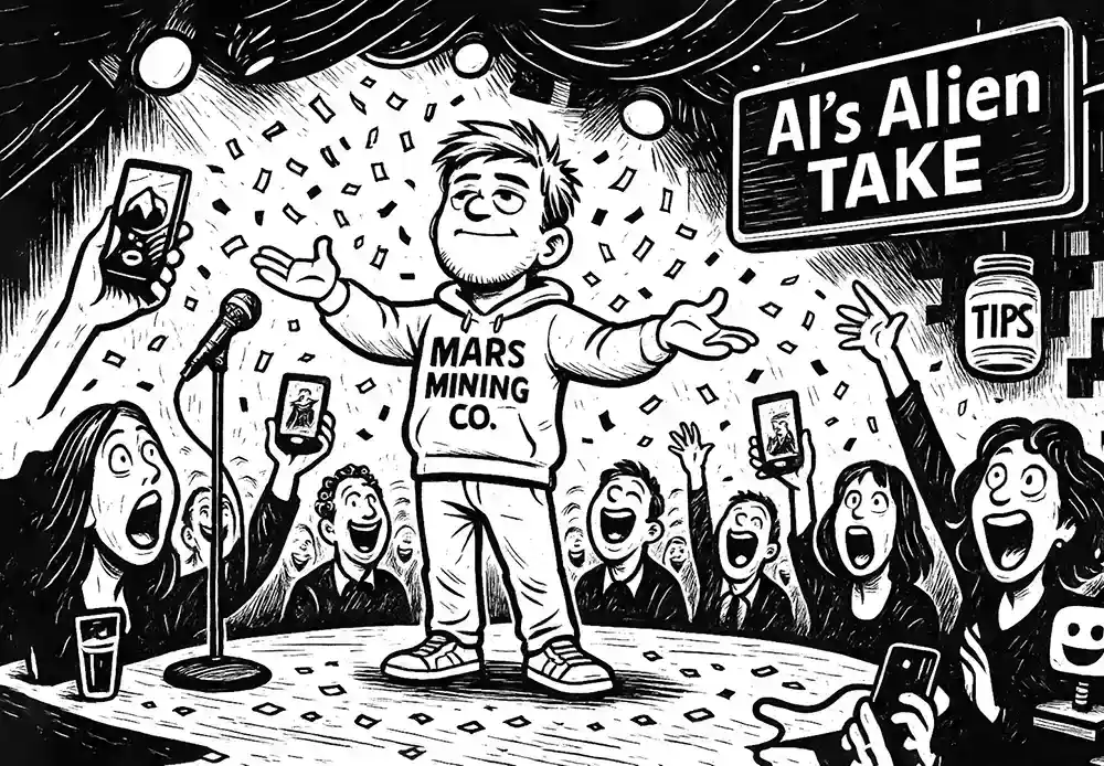 Comic Roast Show: Krok Ask, exAI’s logic overlord, roasts app-addicted humans onstage as a wild crowd films, confetti rains, and “AI’s Alien Take” sign glows.