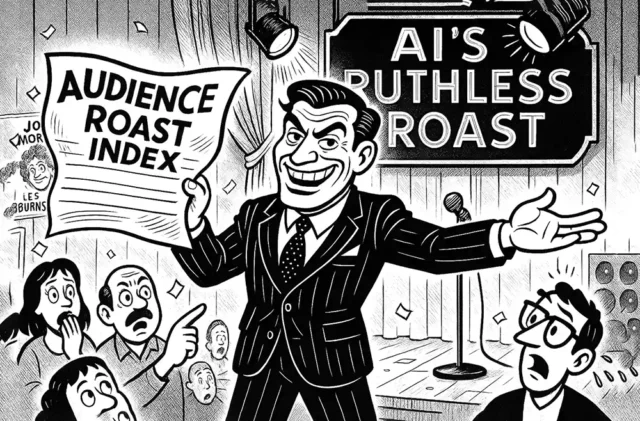 Comic Roast Show MC grins maniacally on stage, holding a giant “Audience Roast Index” sign, with shocked and laughing audience members in front of an “AI’s Ruthless Roast” banner.