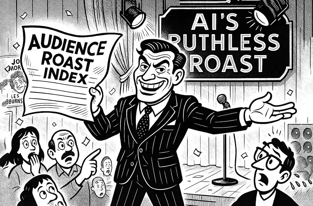 Comic Roast Show MC grins maniacally on stage, holding a giant “Audience Roast Index” sign, with shocked and laughing audience members in front of an “AI’s Ruthless Roast” banner.