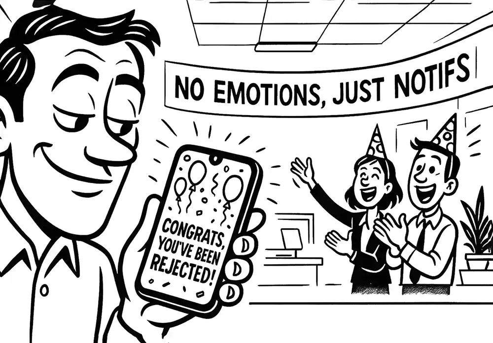 Cartoon for Comic Roast Show: a smug guy reading his phone with a message “Congrats, you’ve been rejected!”, while two people in party hats cheer in the background under a banner “No emotions, just notifs.” A true Patreon VIP moment of digital schadenfreude.