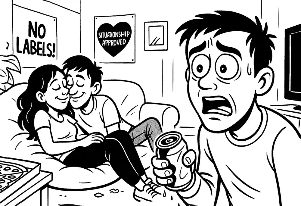 Cartoon scene from Comic Roast Show: a smiling couple cuddling on the sofa under a “No Labels!” and “Situationship Approved” sign, while a panicked third wheel clutches a soda, realizing he’s the odd one out. Pizza, chaos, and commitment-phobia fill the room — it’s modern dating, Comic Roast Show-style.