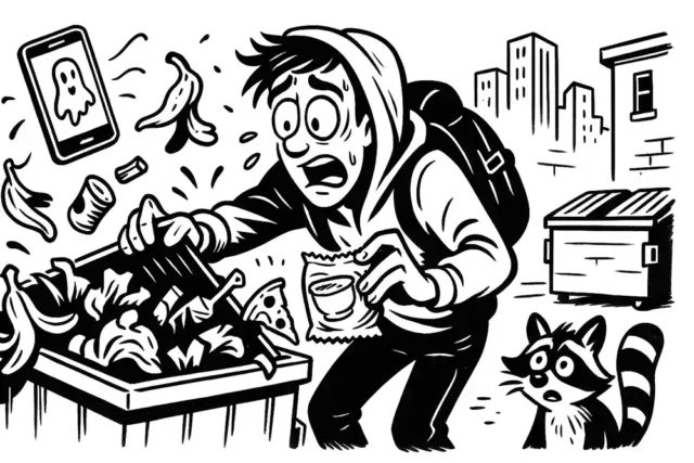 Stressed college student in a hoodie digs through a trash bin, clutching a tea bag, with a shocked raccoon looking on; phone with ghost emoji floats above – Helpdesk Stream’s wildest grocery hack.