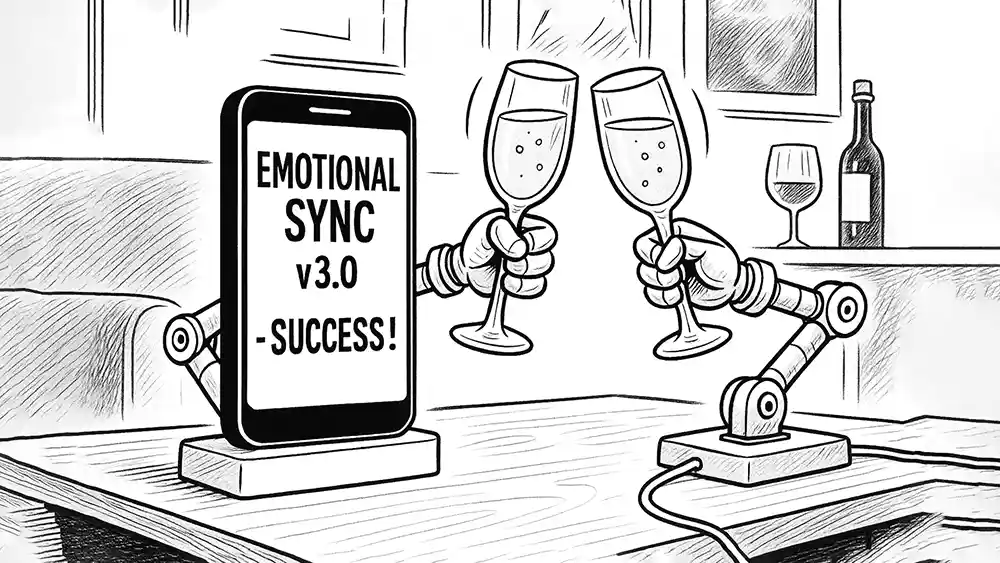 Two robot arms toast champagne glasses while a phone displays “EMOTIONAL SYNC v3.0 – SUCCESS!” – Comic Roast Show pokes fun at AI romance and tech dating fails.