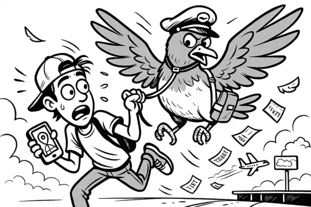 Frightened traveler clutches his phone as a giant captain-hat-wearing bird drags him away, tickets flying, airport in chaos – all thanks to Helpdesk Stream’s “budget” flight hack.