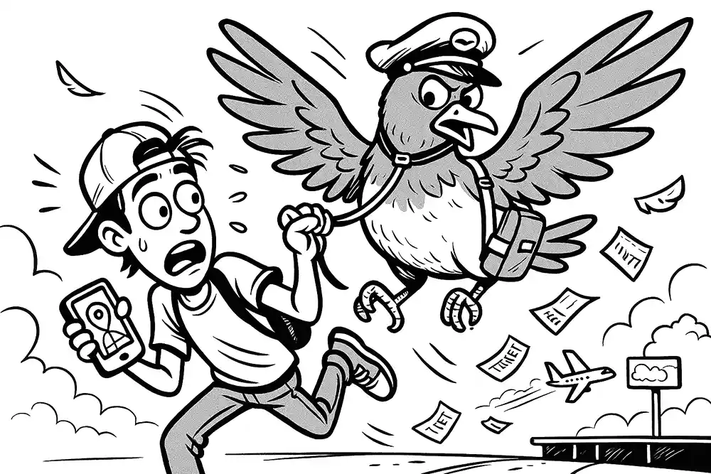 Frightened traveler clutches his phone as a giant captain-hat-wearing bird drags him away, tickets flying, airport in chaos – all thanks to Helpdesk Stream’s “budget” flight hack.