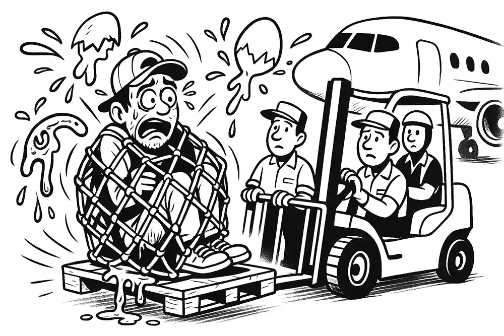 Frightened man tangled in cargo net, dripping with eggs, as airport workers load him onto a plane – Helpdesk Stream turns travel savings into slapstick disaster