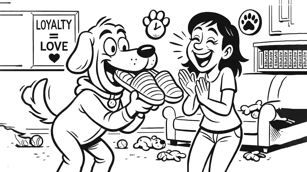 Cartoon Golden Retriever joyfully brings slippers to a laughing woman in a cozy living room, with a “Loyalty = Love” sign in the background – Comic Roast Show pokes fun at the Golden Retriever Boyfriend dating meme.