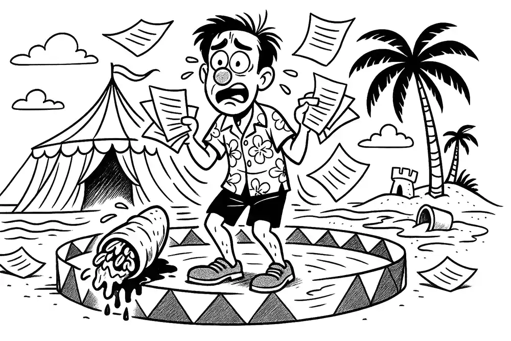 Nervous man in a clown nose and Hawaiian shirt stands in a circus ring on the beach, surrounded by shady paperwork and a leaking burrito – Helpdesk Stream’s travel hack gone circus.