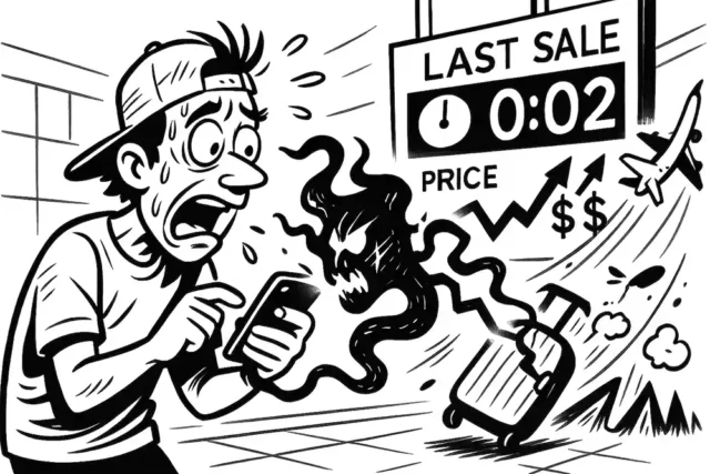 Panicked man stares at his phone as a smoky demon leaps out, last-second flight sale ticks down, and prices skyrocket – Helpdesk Stream’s “deal” unleashes chaos.