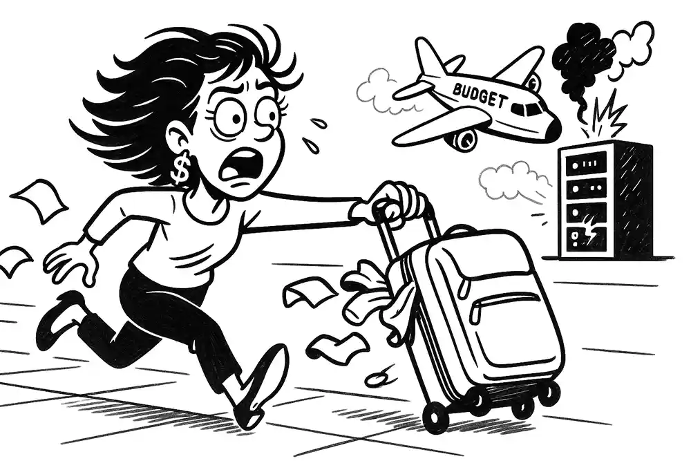 Frightened woman with a suitcase rushes through an airport as a “BUDGET” airplane crashes into a smoking server rack – chaos unleashed by Helpdesk Stream travel hacks.