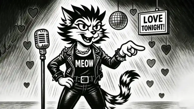 Confident punk cat in a leather jacket and “MEOW” shirt points from the stage, surrounded by hearts, disco ball, and “LOVE TONIGHT!” sign – Lie-La hosts the ultimate dating roast on Comic Roast Show.