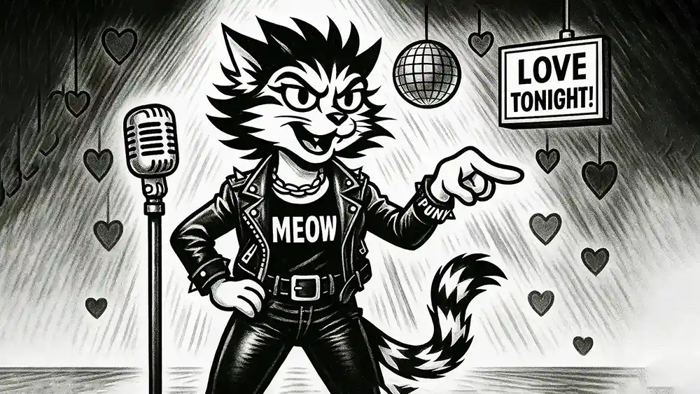 Confident punk cat in a leather jacket and “MEOW” shirt points from the stage, surrounded by hearts, disco ball, and “LOVE TONIGHT!” sign – Lie-La hosts the ultimate dating roast on Comic Roast Show.