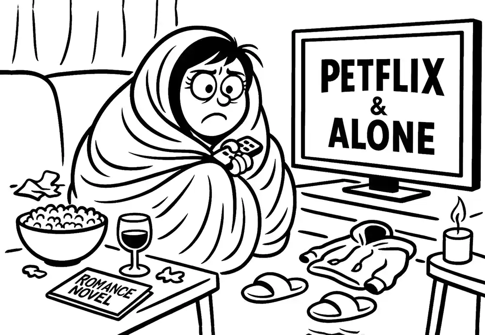 Sad person wrapped in a blanket, watching “PETFLIX & ALONE” on TV with wine, popcorn, and a romance novel – Comic Roast Show skewers solo nights and inflationship fails.