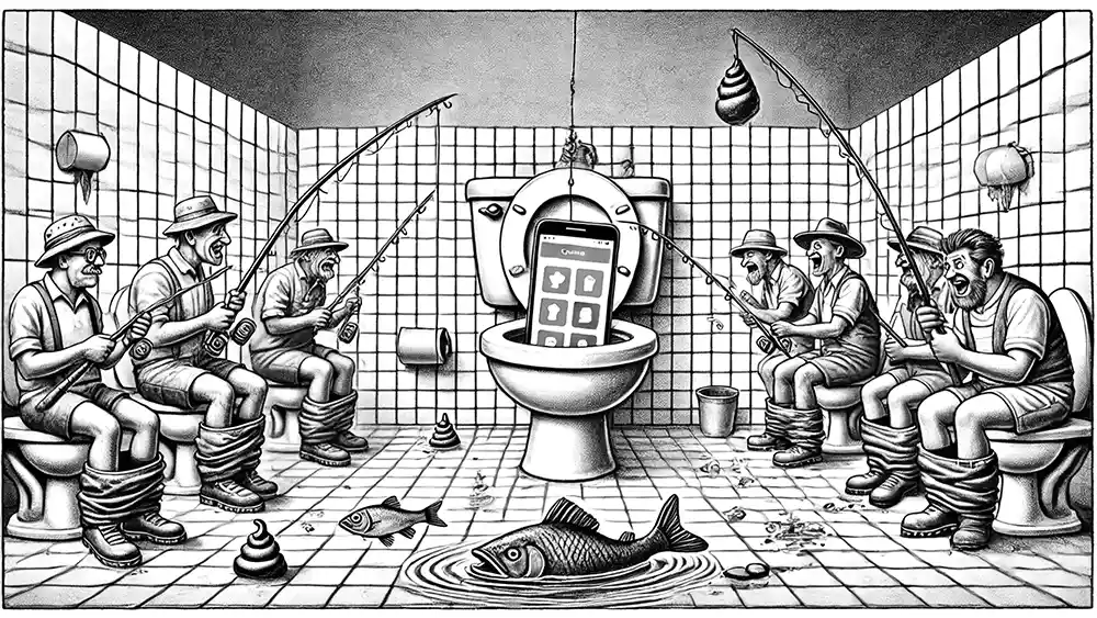 A group of men with fishing rods sit on toilets, “fishing” for matches in a public bathroom, while a giant dating app screen sticks out of a toilet – Comic Roast Show visualizes swiping for love as a hilarious disaster.