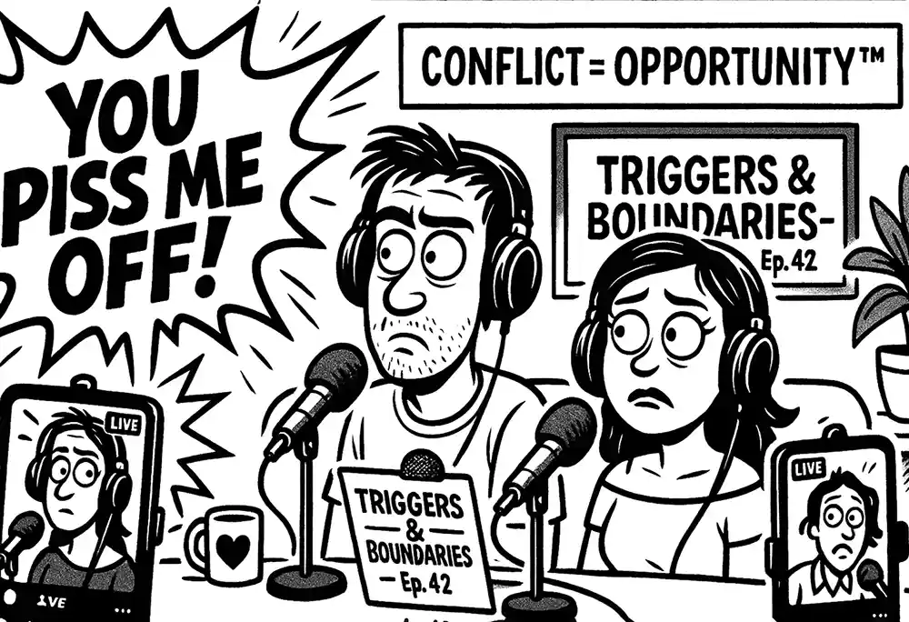 A frazzled couple records a “Triggers & Boundaries” podcast episode while shouting “YOU PISS ME OFF!” flashes behind them – Comic Roast Show lampoons tech dating turning into therapy speak.