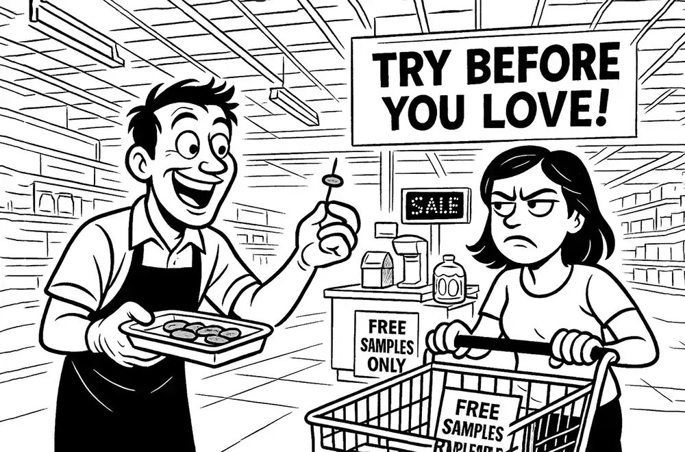 Overly eager store clerk offers free food samples to a grumpy shopper under a “TRY BEFORE YOU LOVE!” sign – Comic Roast Show ridicules ultra-budget romance and “inflationship” dating.