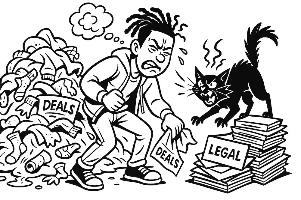 Frustrated student rummages through a pile of dirty laundry labeled “deals,” while an angry black cat guards a stack of “legal” paperwork – Helpdesk Stream thrift hack gone wrong.
